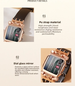 Detail view of binary LED watch with rose gold case, glass mirror, and black PU leather strap