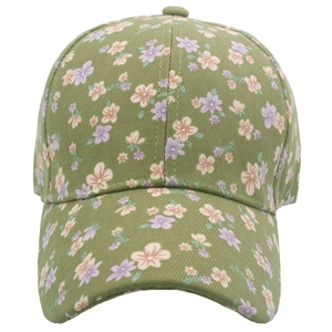 Vue détaillée de la casquette en coton avec motifs floraux violets sur tissu vert