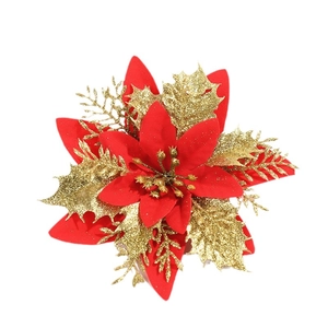 Sparkling red and gold glitter artificial poinsettia flower for Christmas tree decor