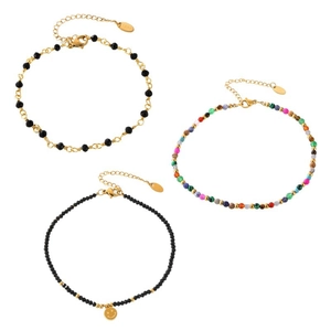 Three-piece set of natural stone beaded anklets with 18k gold-plated titanium steel charms