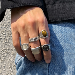 5-piece vintage silver men's ring set featuring tiger eye stone and geometric designs