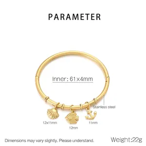 Detailed parameter view of 18K gold plated stainless steel ocean charm cuff bracelet
