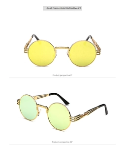 Steampunk round sunglasses with gold metal frame and industrial wired temple detail
