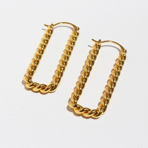 Elegant 24k gold-plated brass twisted rectangular hoop earrings for women on white background