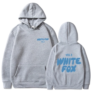 Detailed front and back view of gray hoodie with blue White Fox Vol 3 printed design