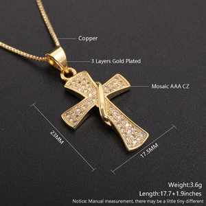 Detailed specs of gold plated cross necklace with AAA CZ stone and size measurements