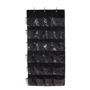 Macro detail of black 24-pocket hanging organizer with clear PVC pockets and metal hooks
