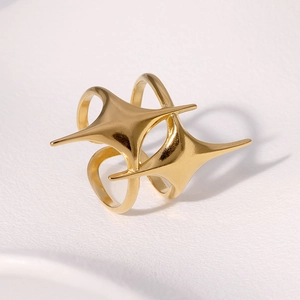 Polished gold stainless steel star cross ring with a minimalist geometric open design