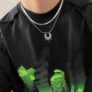 Double-layered stainless steel sun pendant necklace with snake chain for men and women