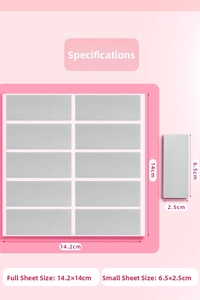 Detailed macro view of gray rectangle scratch-off stickers with matte texture and size specs