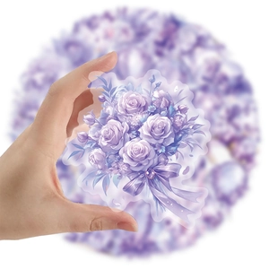 Detailed view of a purple watercolor rose sticker on transparent PET film for DIY crafts