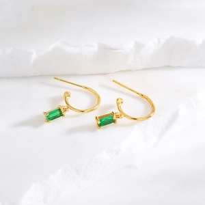 Minimalist gold plated hoop earrings with emerald green rectangular zircon pendants
