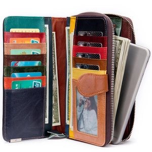 Portefeuille femme en cuir véritable à trois volets avec fentes pour cartes et poche téléphone