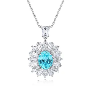 Luxurious S925 silver sunflower pendant necklace with oval paraiba tourmaline and diamonds