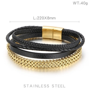 Multilayer braided black leather bracelet with gold stainless steel chain and magnetic clasp