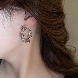 Close-up of model wearing silver C-shaped earrings with purple butterfly zircons