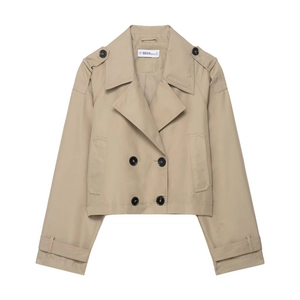 Damen Kurzmantel in Khaki mit Doppelreiher-Knöpfen und klassischem Reverskragen