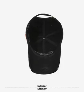 Detailed interior view of a vintage black cotton baseball cap showing reinforced seams
