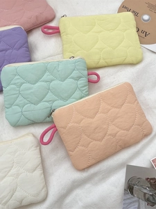 Quilted heart macaron mini cosmetic pouches with zipper and carry strap