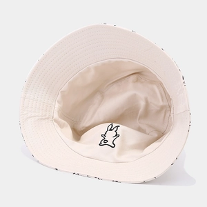 Cream white canvas bucket hat with cute rabbit embroidery and black letter print decoration