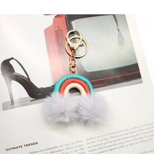 Close-up of woven rainbow keychain with gray pom poms and golden metal clasp on magazine