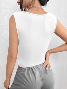 Rear view of a slim-fit white sleeveless crop top showing high-quality fabric texture
