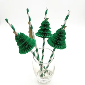 Creative Christmas tree paper straws with green honeycomb decor for holiday party drinks