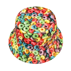 Double-sided bucket hat with colorful cereal donut pattern for sun protection
