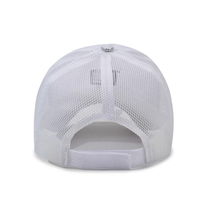 Back view of white mesh baseball cap with breathable holes and adjustable velcro strap