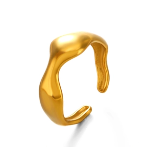 Irregular streamlined open ring in golden stainless steel with organic smooth finish