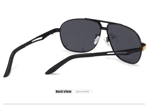 Detail view showing black aviator sunglasses with polarized lenses and gold metal joints