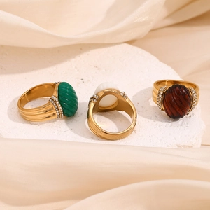 French vintage 18K gold plated stainless steel rings with oval acrylic stones and crystals