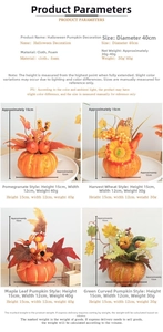 Detail view of various artificial pumpkin harvest ornaments with maple leaves and grain
