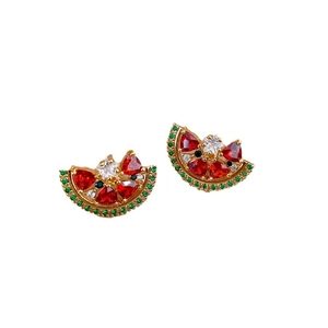Vibrant watermelon stud earrings with red and green cubic zirconia in gold plating