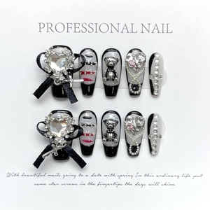 Faux Ongles Cercueil Style Gothique Sombre Avec Nœud En Velours 3D Zircon Cœur Ours En Métal Künstliche Perle Croix Décoration Fait Main