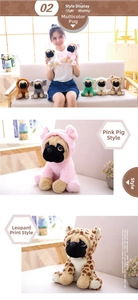 Detail of plush pug dog in various animal hoodies like lion, dinosaur and pig