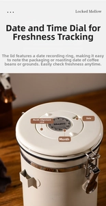 Detail of coffee storage canister lid showing date tracker dial and metal buckle