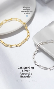 Close-up of S925 sterling silver paperclip chain bracelets in gold and silver finishes