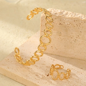 Parure bracelet et bague en acier inoxydable plaqué or 18K avec cercles ajourés