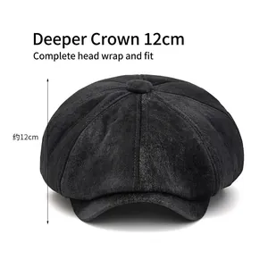 Classic black wool newsboy cap with octagonal panels and a 12cm deep crown for winter warmth