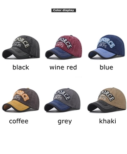 Detailed grid view showing 6 colors of vintage cotton baseball caps with 3D embroidery