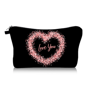 Detail of black canvas makeup bag with pink sequined heart and Love You artistic print
