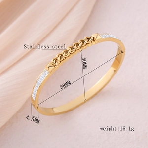 Golden stainless steel oval bangle with chain link design and double row pave zircon inlay