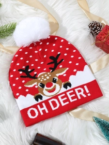 Detailed knit Christmas hat with reindeer pattern, white pompom, and 'OH DEER!' slogan
