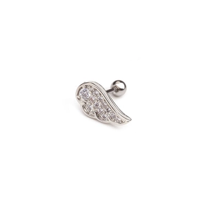 Silver angel wing stud earring with cubic zirconia stones and threaded ball back
