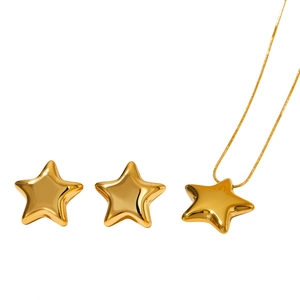 Polished gold stainless steel hollow star necklace and earrings jewelry set for women