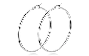 Macro shot of large polished stainless steel hoop earrings with secure lever back closure