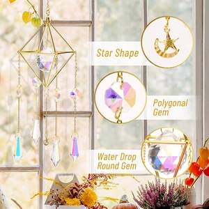 Golden geometric crystal suncatcher with star, moon and water drop prisms for garden decor