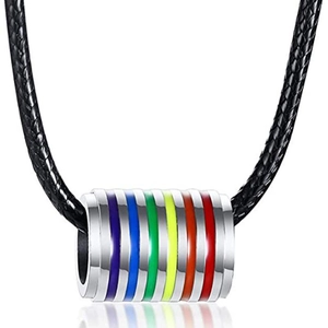 Rainbow striped cylindrical stainless steel pendant necklace on black woven cord
