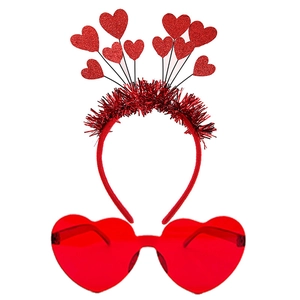 Sparkly red sequin heart headband and heart-shaped sunglasses set for Valentine's Day parties